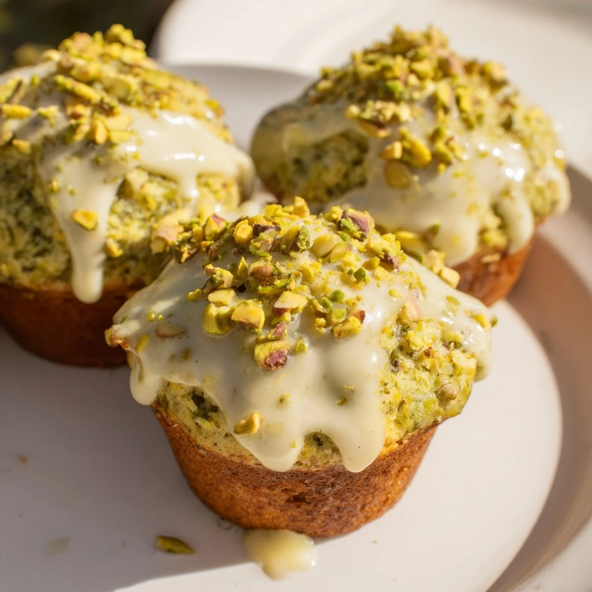 Freshly baked pistachio muffins with a glossy vanilla glaze, displayed on a rustic wooden board for a cozy breakfast.