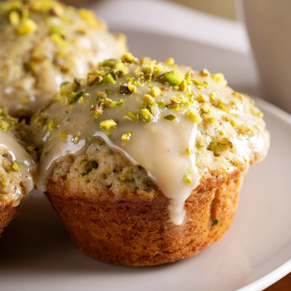 Warm pistachio muffins drizzled with sweet vanilla glaze, perfect for a snack beside a cup of steaming coffee.