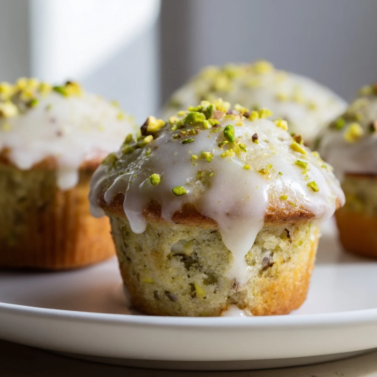 Golden pistachio muffins topped with a drizzle of vanilla glaze, ready to serve on a decorative ceramic plate.