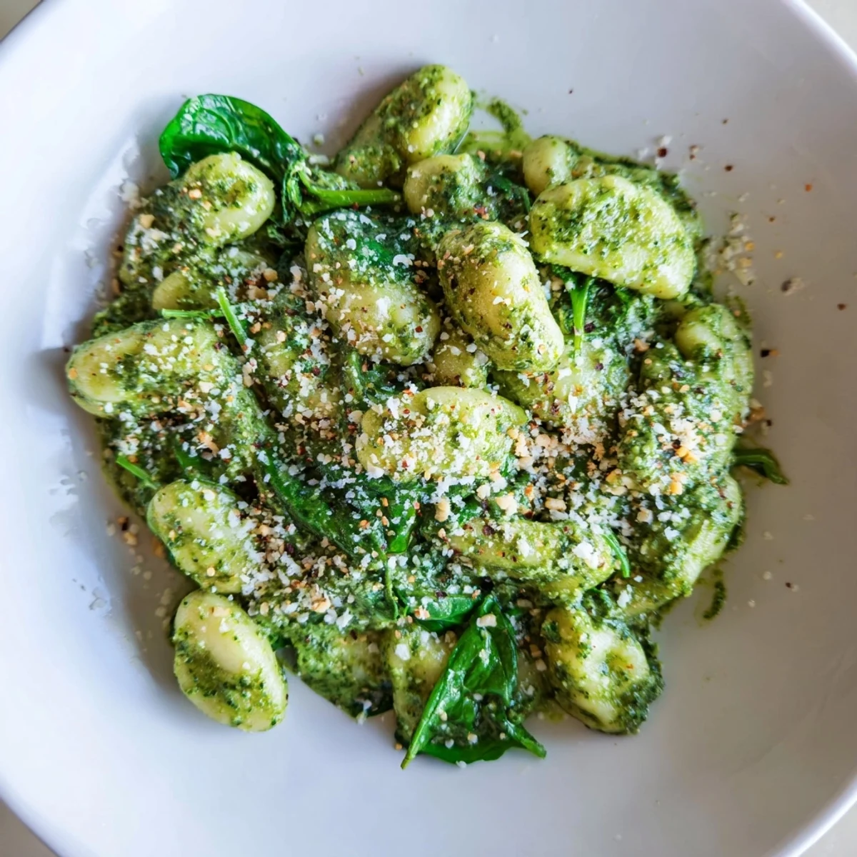 Steaming Pesto Gnocchi with Spinach and Parmesan in a skillet, garnished with fresh basil for a comforting Italian-inspired dinner.