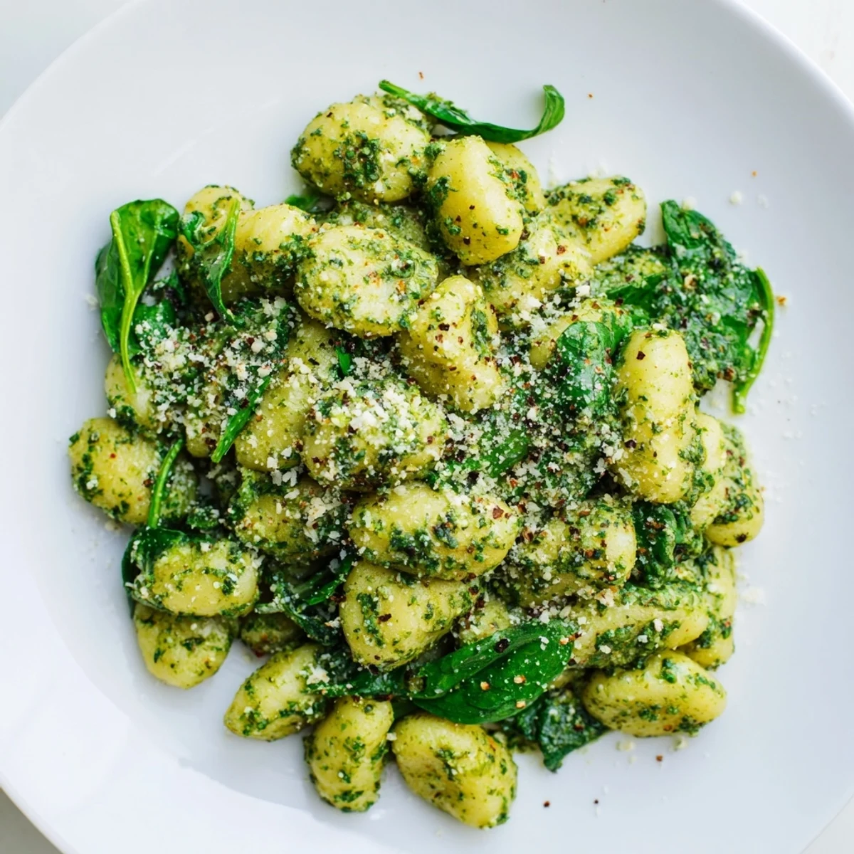 Hearty Pesto Gnocchi with Spinach and Parmesan twirled on a fork, revealing vibrant green sauce and melted cheese against a rustic table.