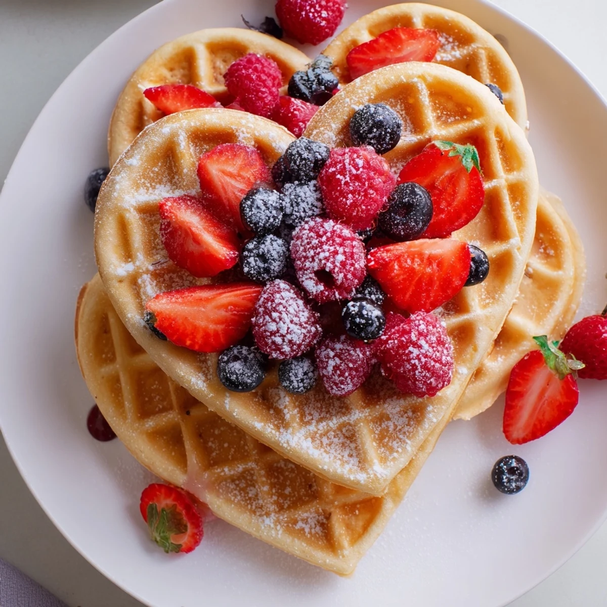 Freshly cooked golden heart-shaped waffles topped with vibrant mixed berries and a light dusting of powdered sugar for a sweet breakfast treat.  