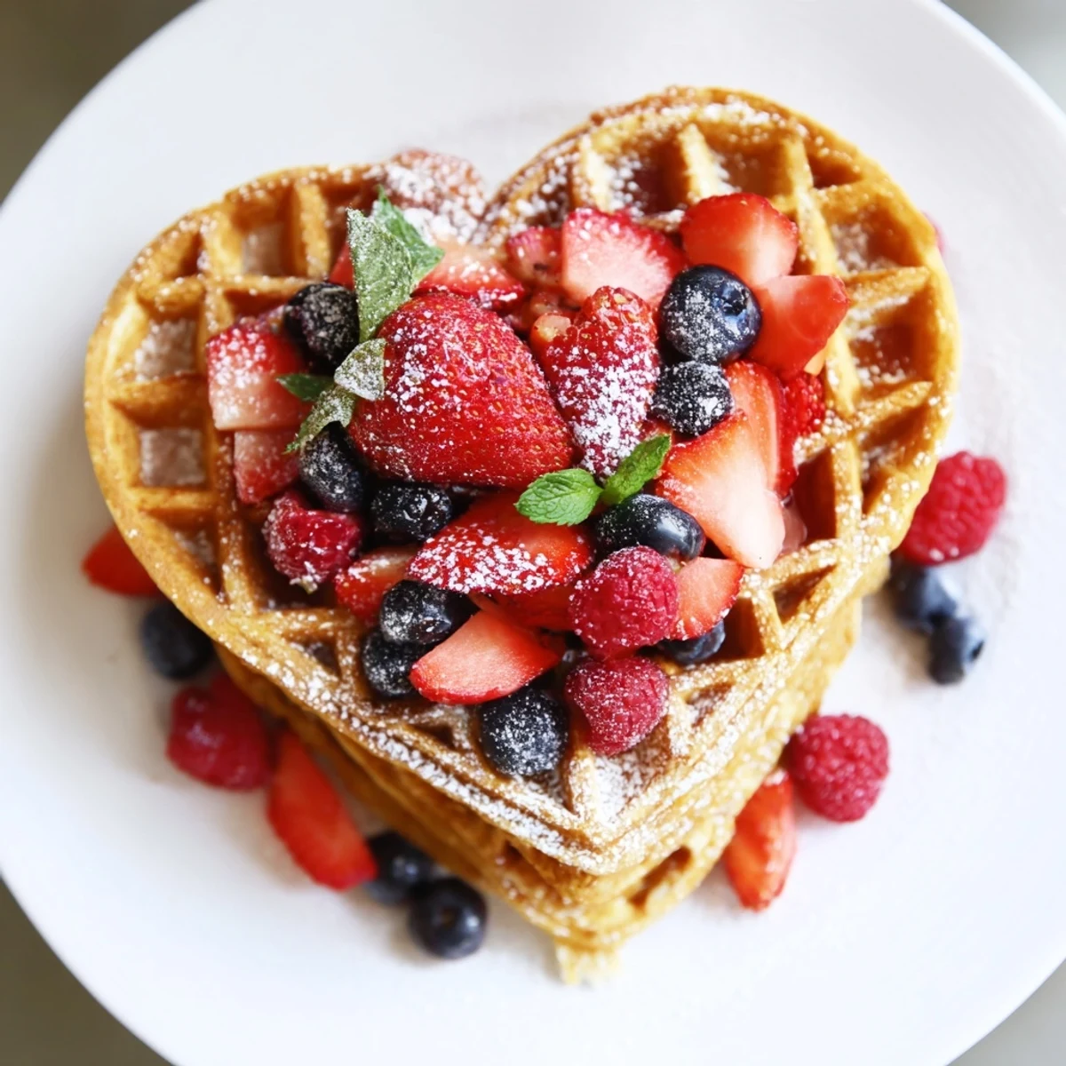 A stack of fluffy heart-shaped waffles drizzled with maple syrup, surrounded by fresh strawberries, blueberries, and raspberries on a white plate.  