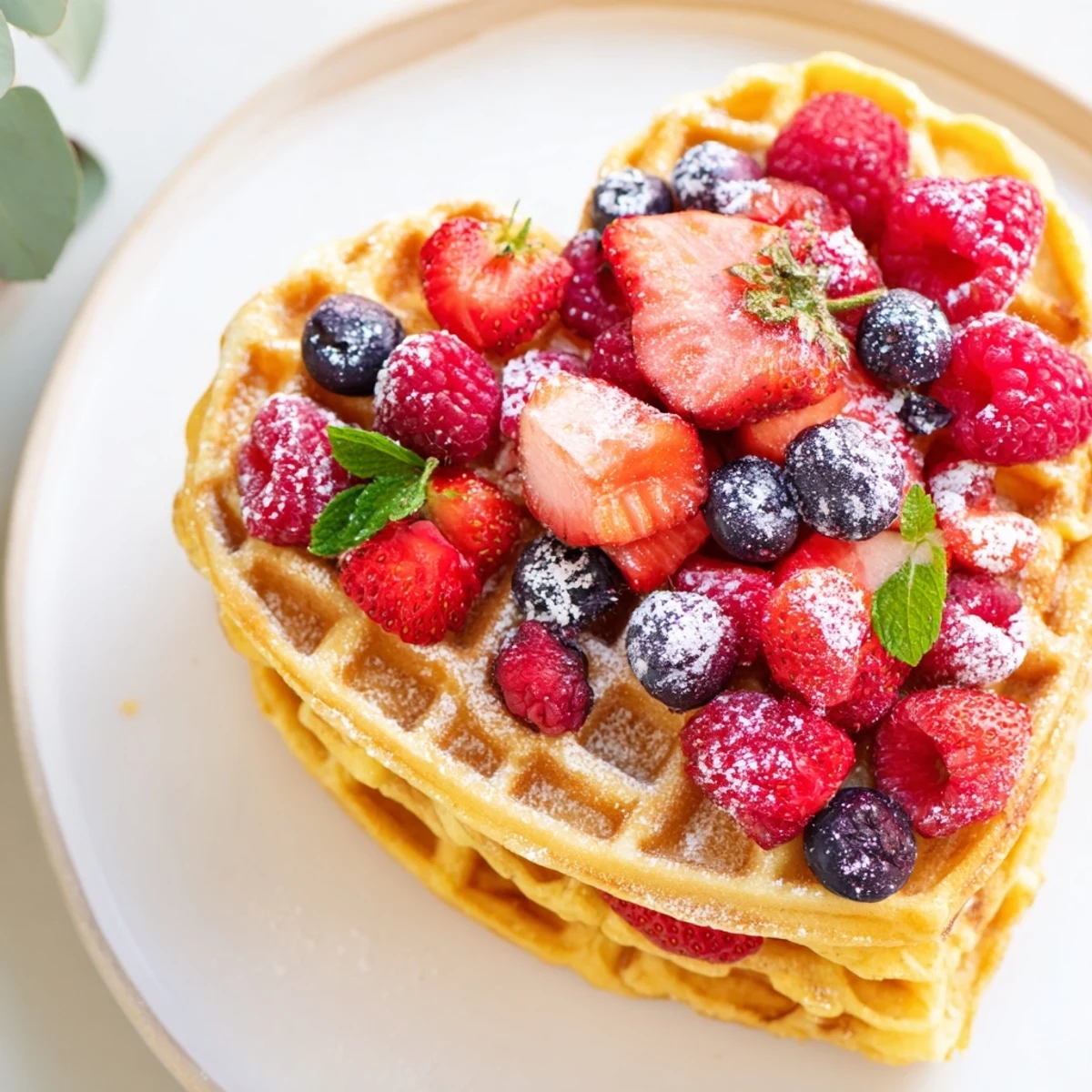 Rustic wooden table featuring a plate of heart-shaped waffles topped with colorful fresh berries and a side of sweet maple syrup.