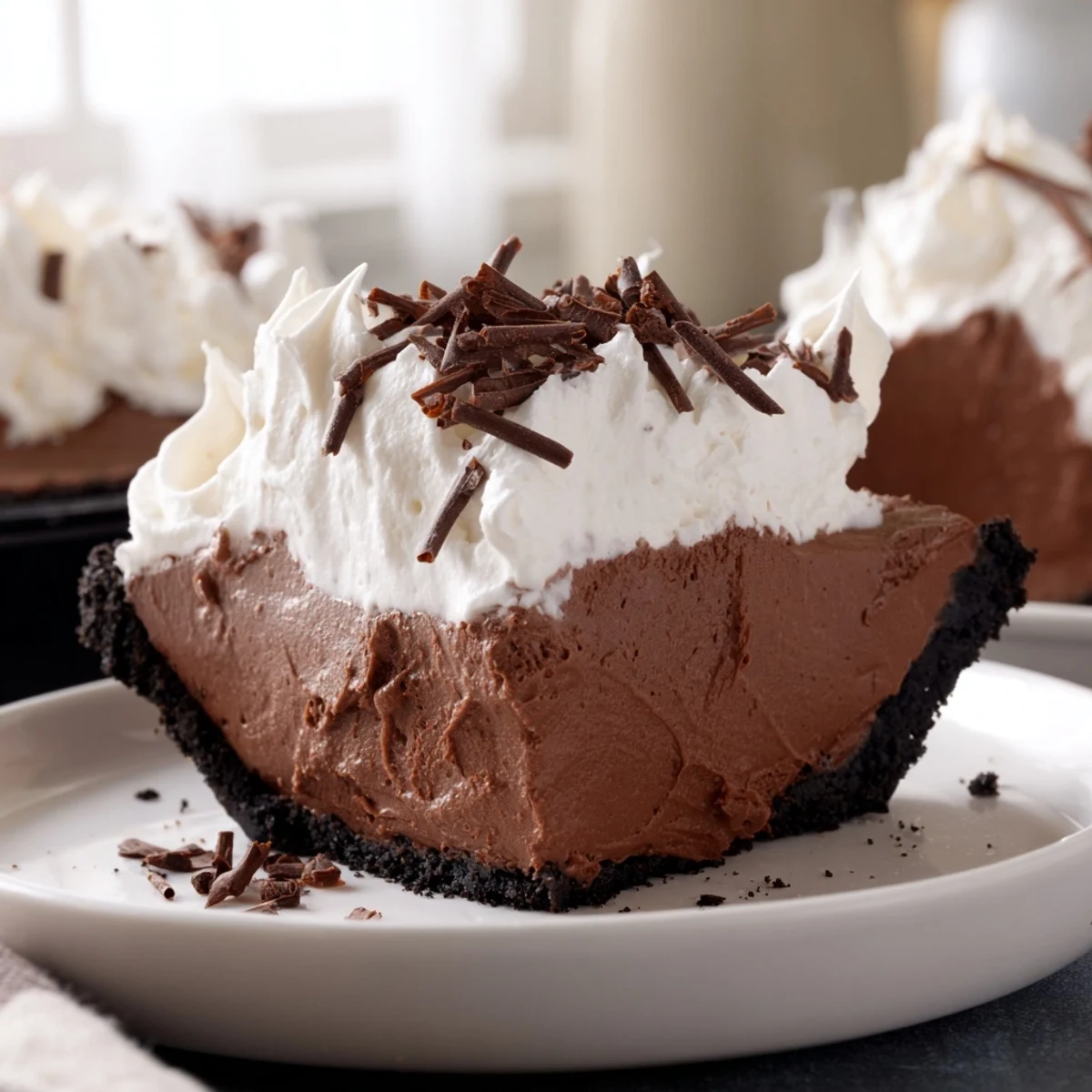 A close-up of chocolate silk pie with whipped cream, showing the rich texture and cookie crust.