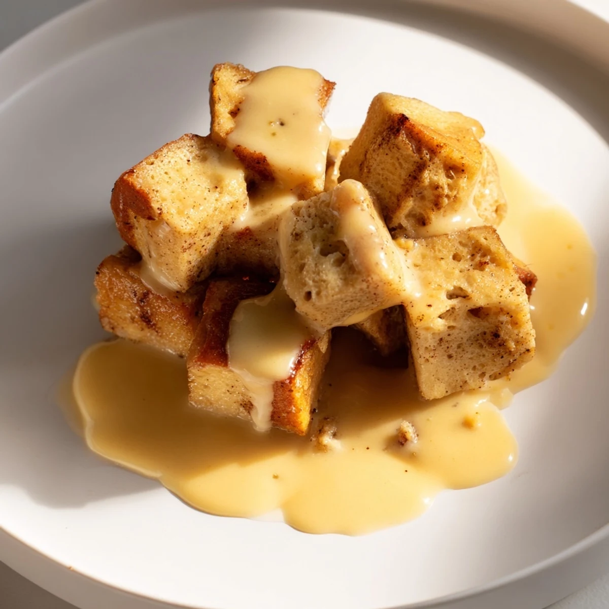 Freshly baked Bread Pudding with Warm Vanilla Sauce steams gently, served warm in a rustic baking dish with a spoon beside it.
