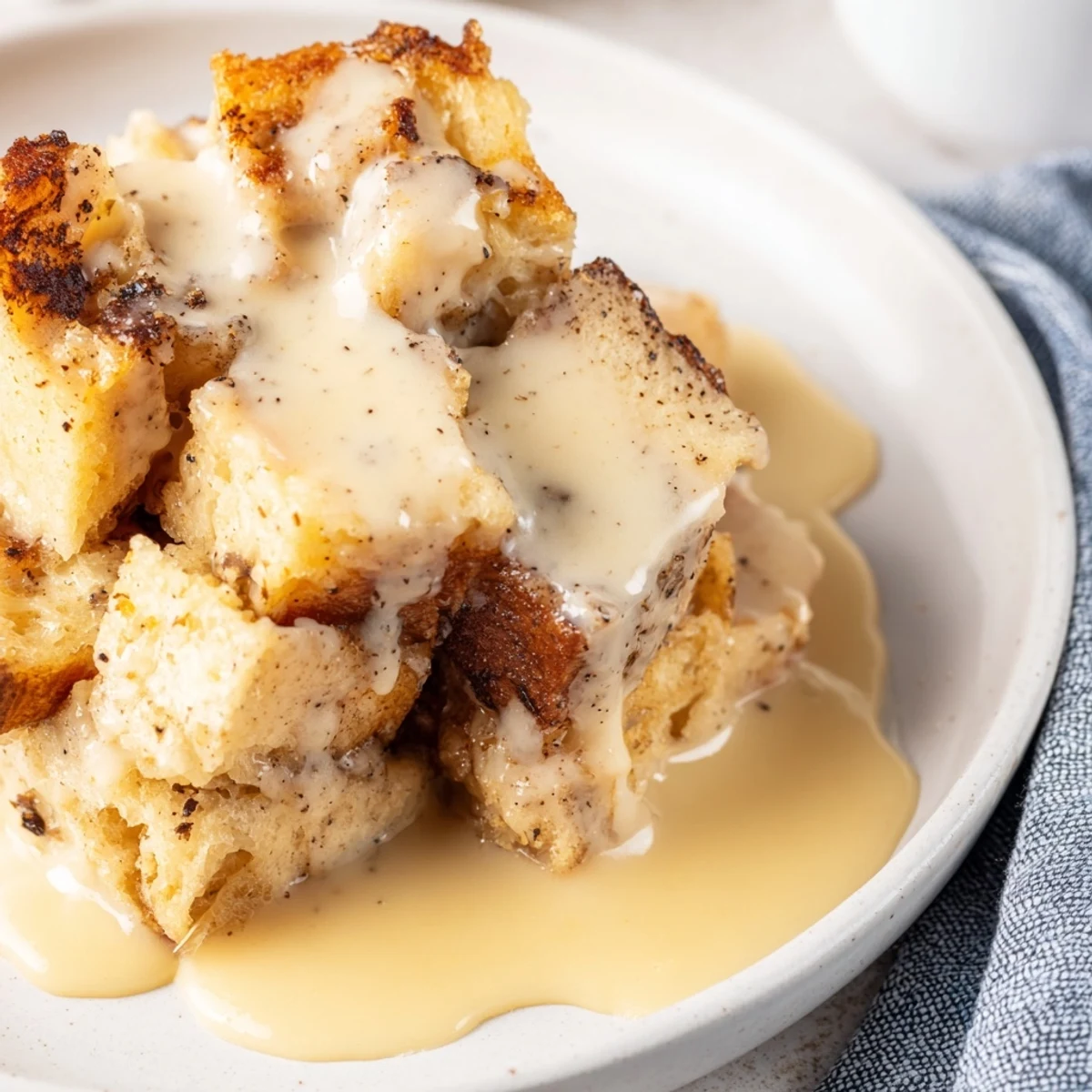 Golden-brown Bread Pudding with Warm Vanilla Sauce is drizzled generously over the tender, custard-soaked cubes in a white dish.