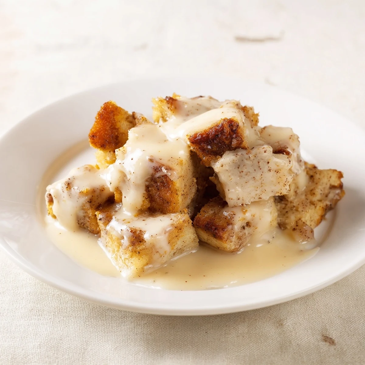 A slice of Bread Pudding with Warm Vanilla Sauce reveals a moist, spiced interior, ready to be enjoyed as a comforting dessert.