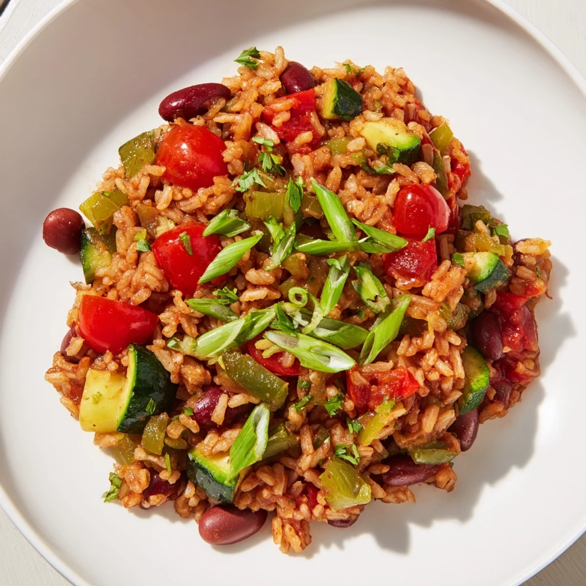 Spicy Creole-inspired Vegetable Jambalaya with Kidney Beans steaming in a rustic pot, garnished with fresh green onions.