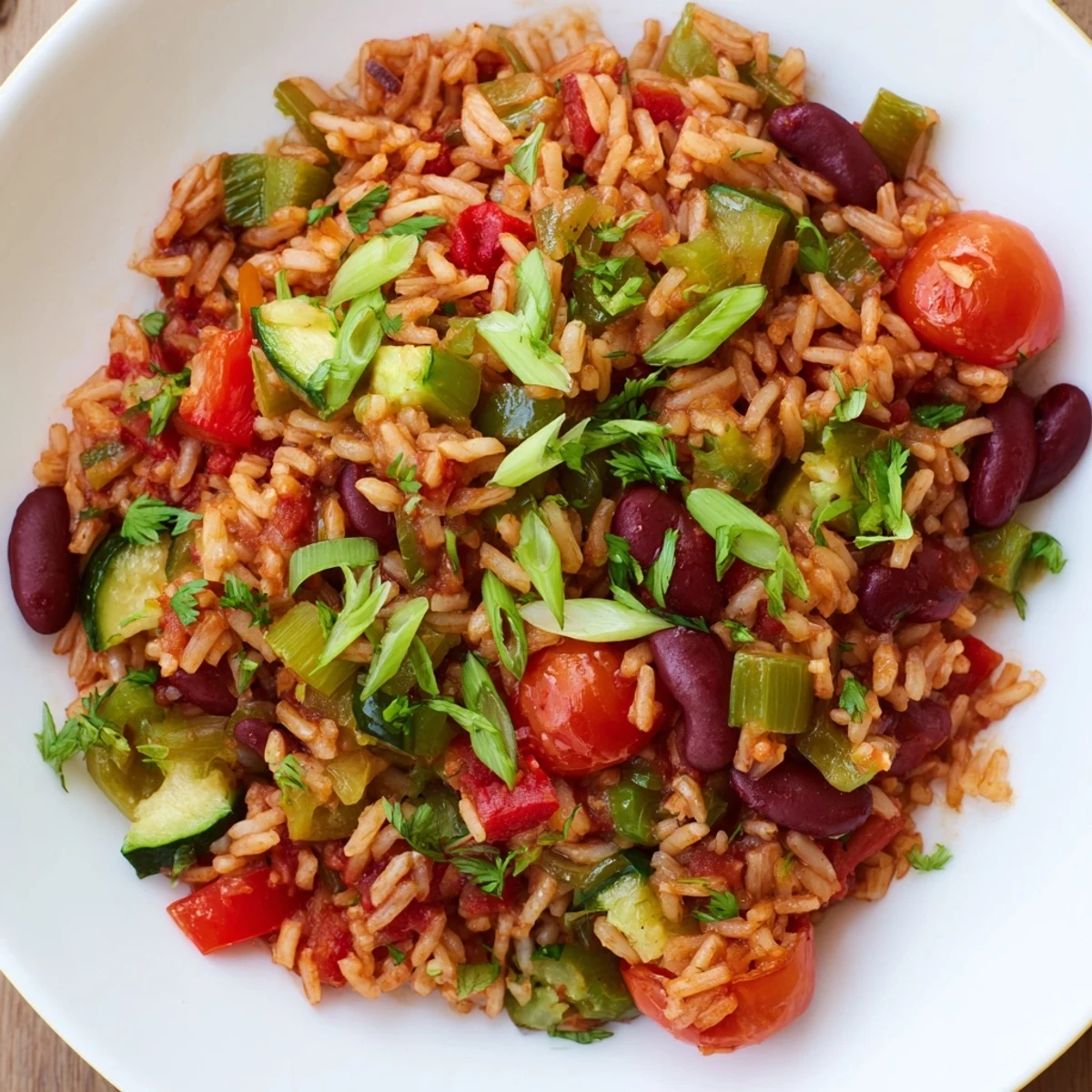 Close-up of a serving of Vegetable Jambalaya with Kidney Beans, revealing tender beans and vibrant diced tomatoes.