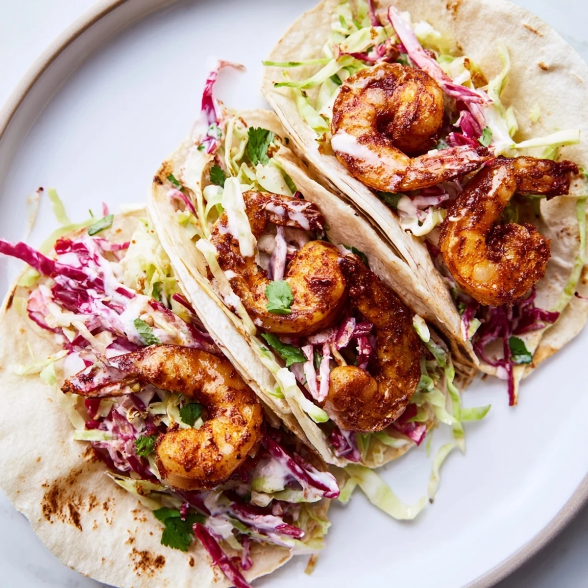Three vibrant Shrimp Tacos with Cabbage Slaw sit on a rustic wooden table, showcasing the pink shrimp and colorful slaw.