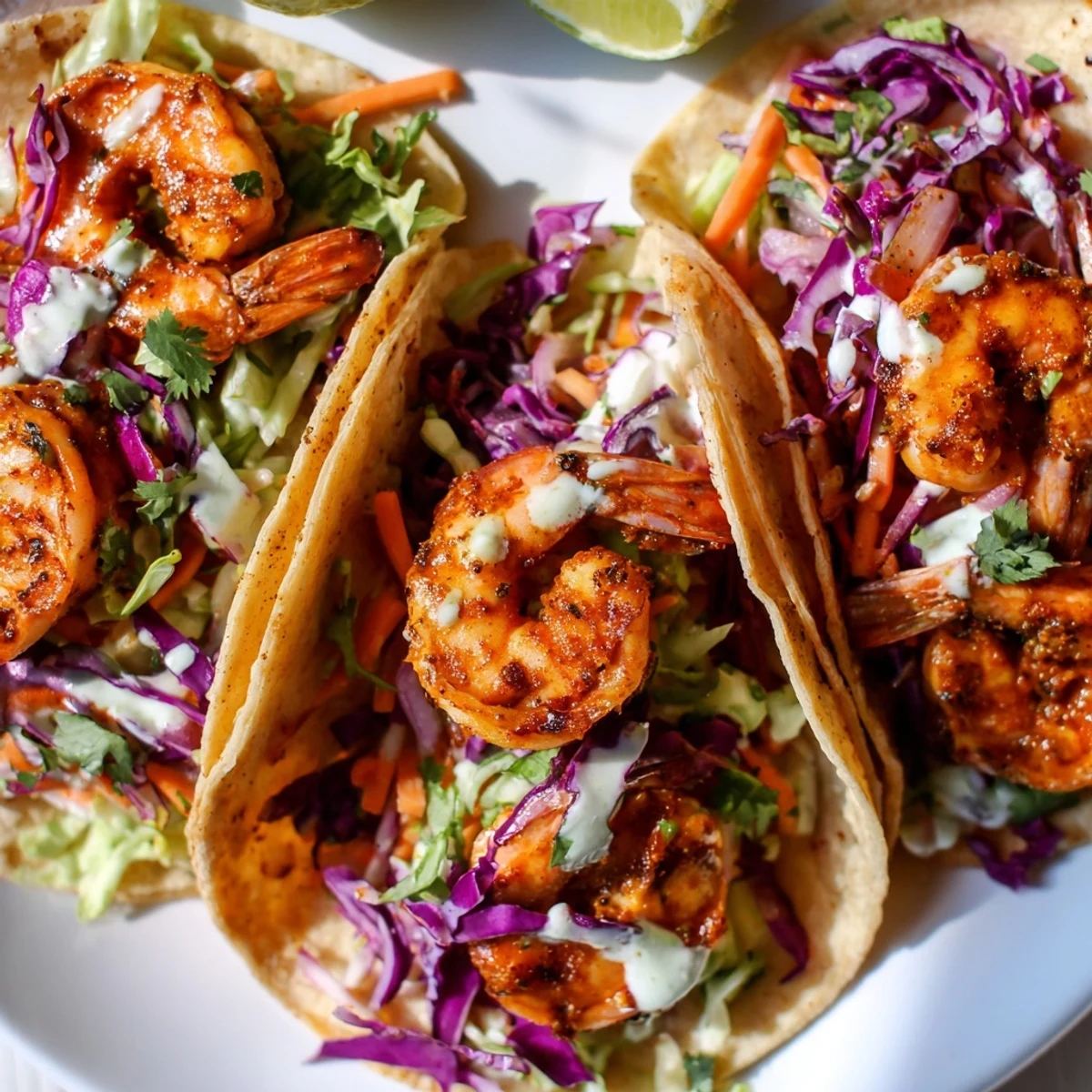 A close-up of Shrimp Tacos with Cabbage Slaw reveals warm corn tortillas stuffed with spiced shrimp and creamy slaw.