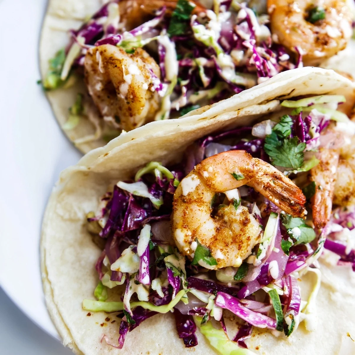 Sizzling shrimp for Shrimp Tacos with Cabbage Slaw rests in a skillet, with lime wedges and cilantro nearby.