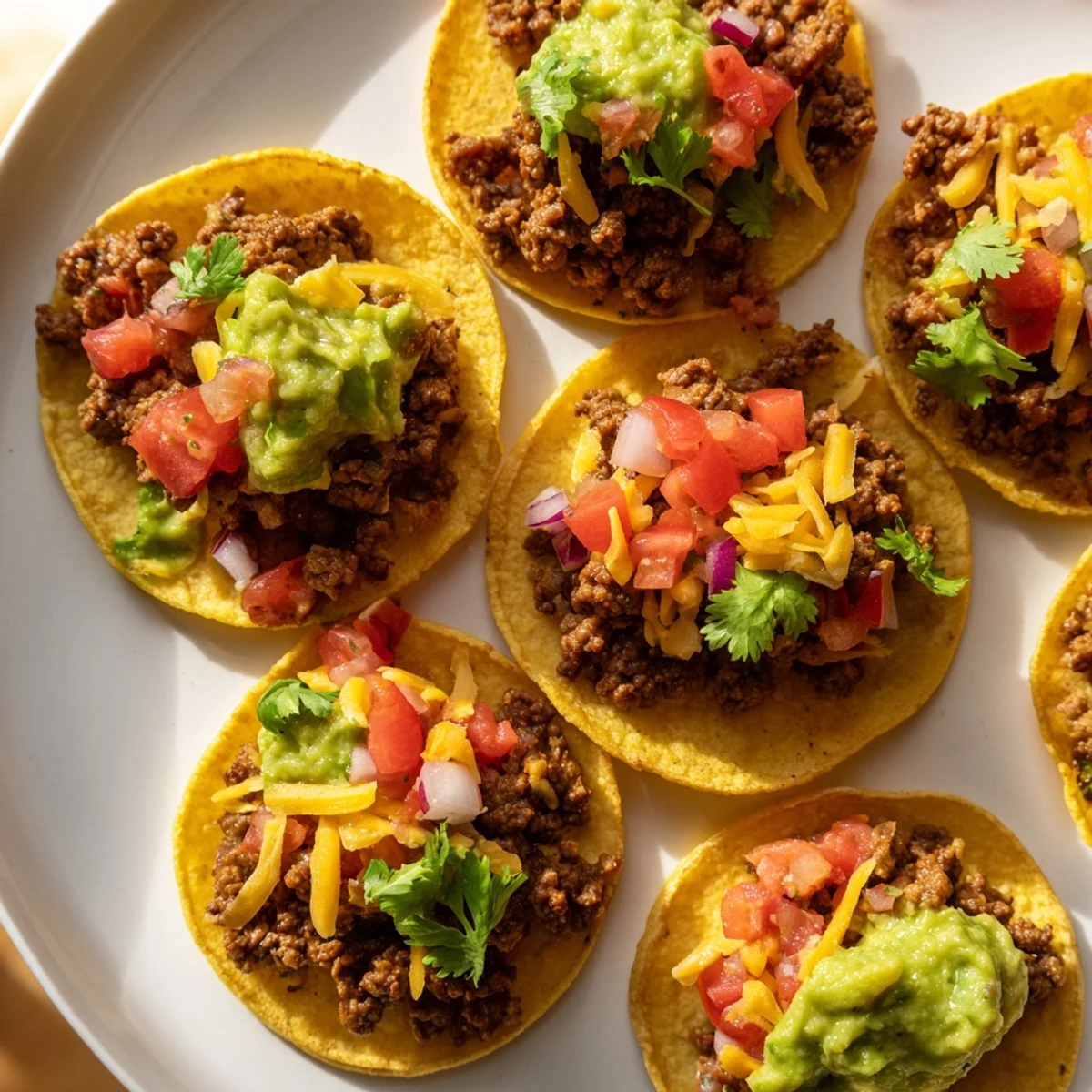 A close-up of Mini Tacos with Salsa and Guacamole, featuring seasoned ground beef and vibrant toppings.