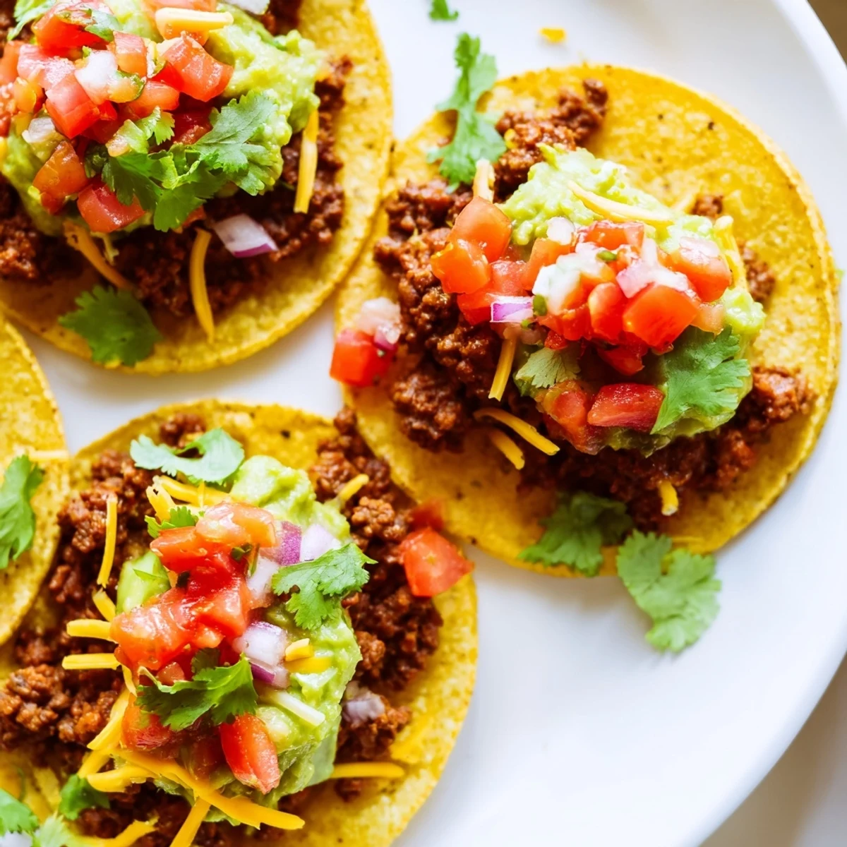 Four Mini Tacos with Salsa and Guacamole are arranged on a white platter with lime wedges.