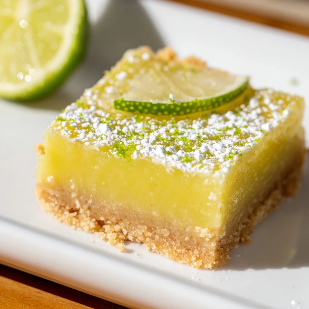 Homemade Lime Bars with Graham Cracker Crust served on a dessert plate, garnished with thin lime slices and fresh zest.