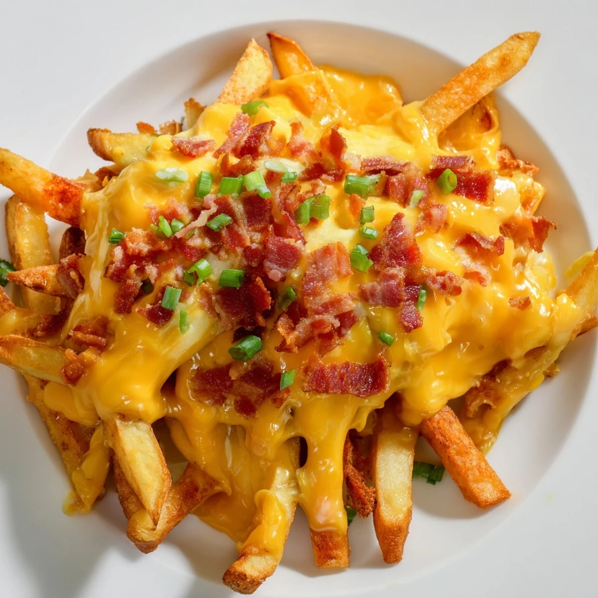 Fresh-baked potato fries topped with gooey cheese and chopped turkey bacon, finished with green onions on a plate.  