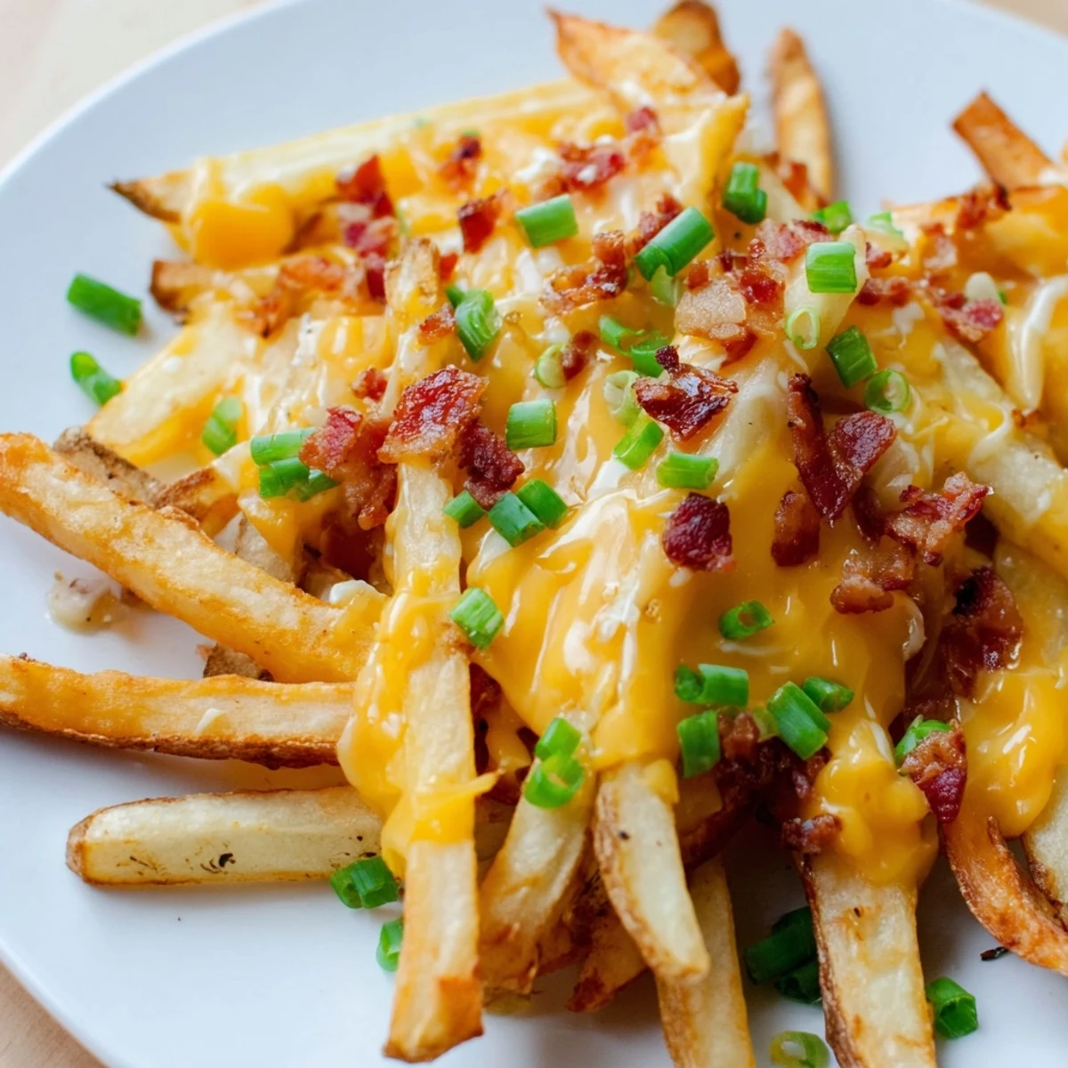 Golden baked cheese fries with turkey bacon crumbles, garnished with fresh chives and a side of cool sour cream.