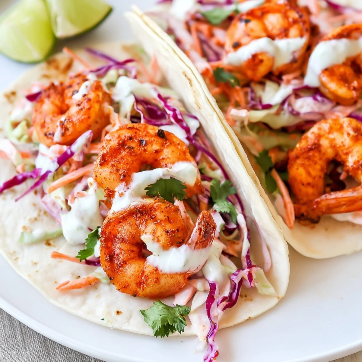 Juicy spiced shrimp tacos topped with crisp cabbage slaw and a drizzle of zesty lime crema on soft tortillas.