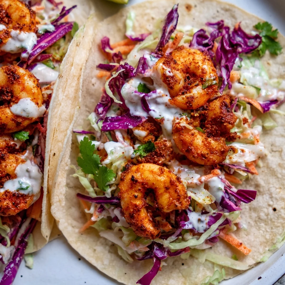 Sizzling shrimp tacos with cabbage slaw and lime crema served on warm corn tortillas, garnished with fresh cilantro and jalapeños.