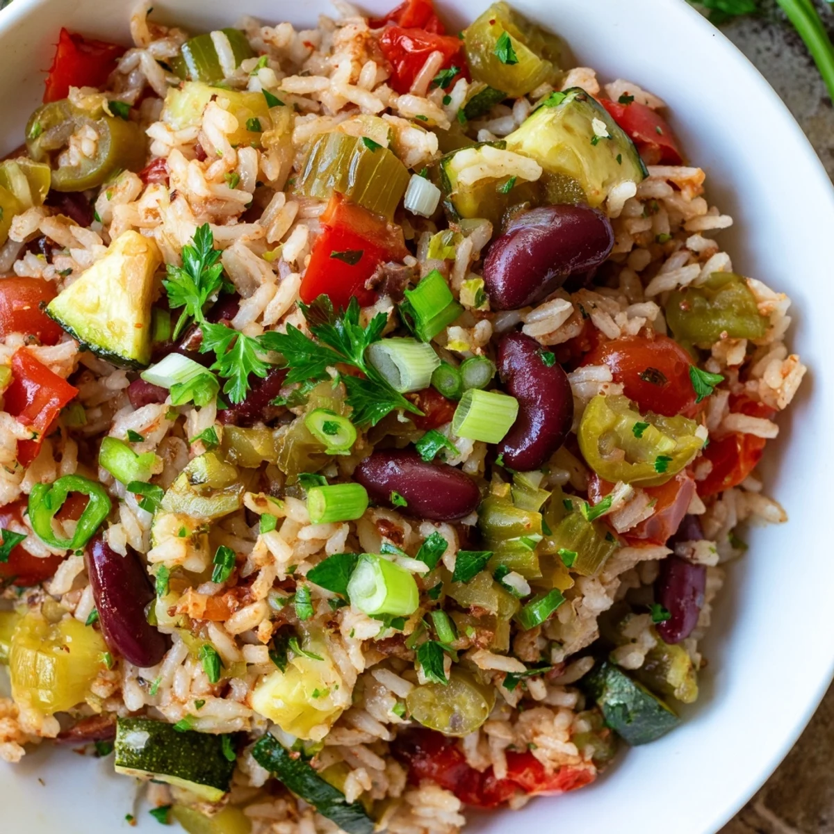 A steaming bowl of Vegetable Jambalaya with Kidney Beans, featuring fluffy rice, vibrant bell peppers, and fresh parsley garnish.