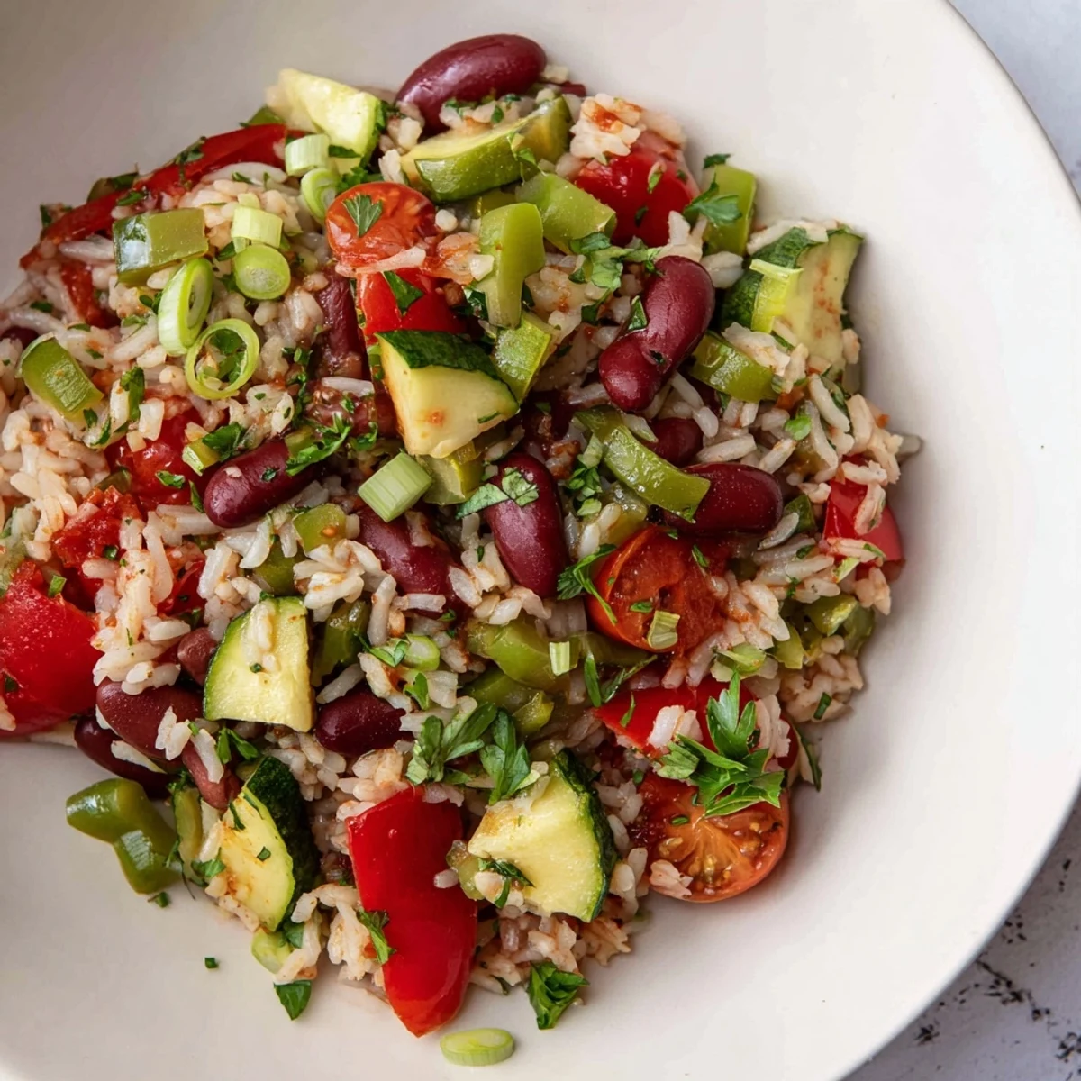 Colorful one-pot Vegetable Jambalaya with Kidney Beans, showcasing zucchini, celery, and tomatoes ready for a savory dinner.