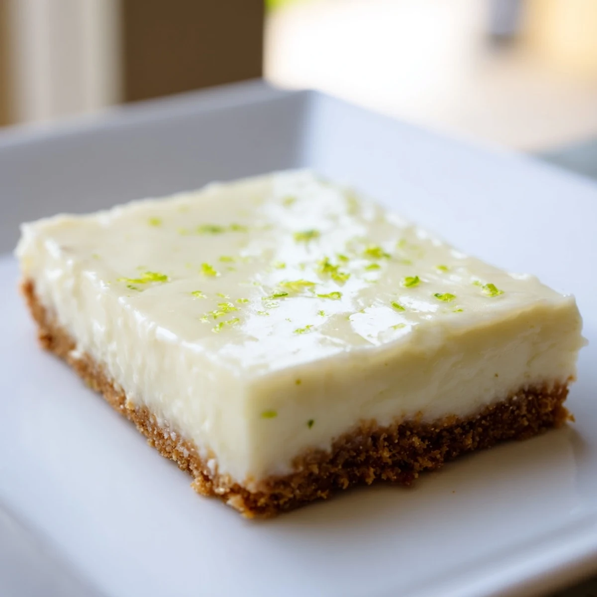 Freshly baked lime bars with a golden graham cracker crust and creamy citrus filling on a marble surface.  