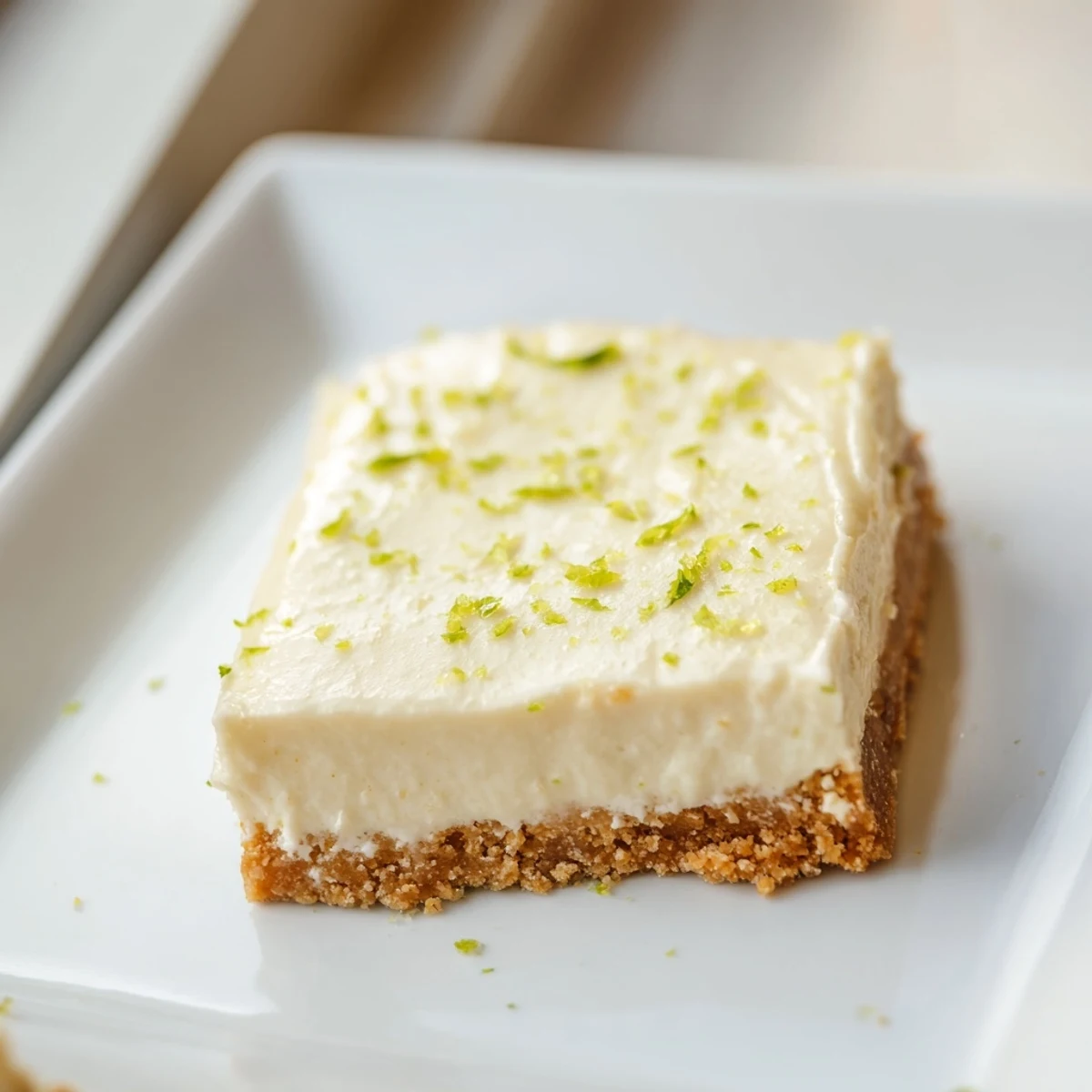 Overhead view of homemade lime bars with graham cracker crust, perfect summer dessert ready to slice.