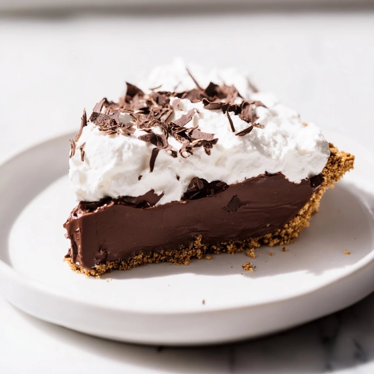 Rich chocolate silk pie with buttery crust and cloud-like whipped cream, perfect for a special occasion dessert.
