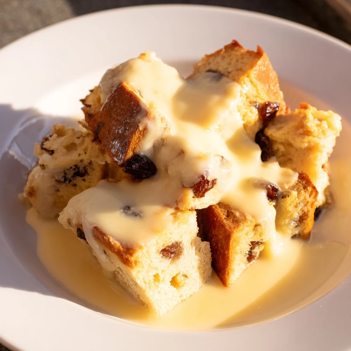 A slice of Bread Pudding with Warm Vanilla Sauce on a plate, topped with a scoop of vanilla ice cream.