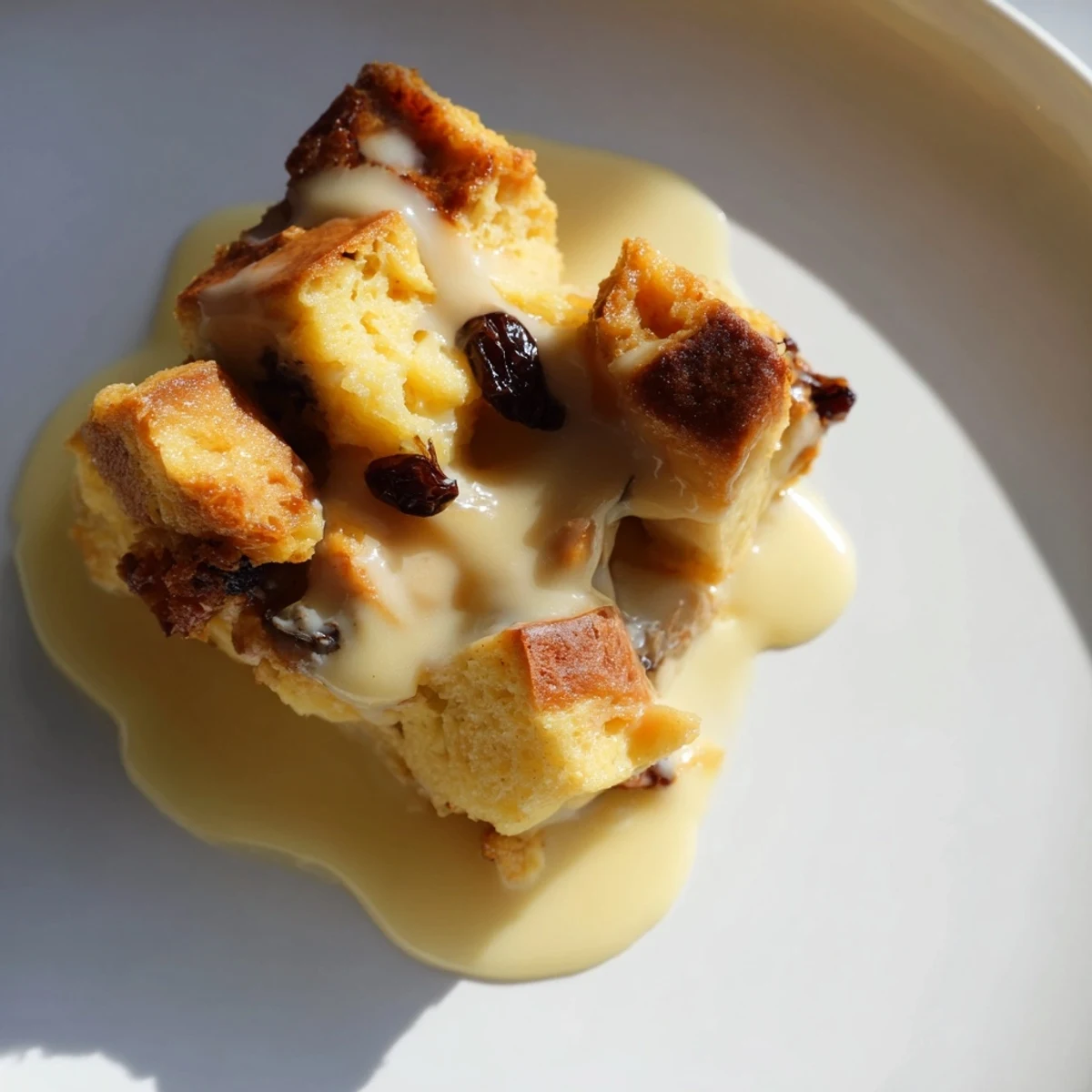Golden-brown Bread Pudding with Warm Vanilla Sauce in a white baking dish, ready to serve with a drizzle of sauce.
