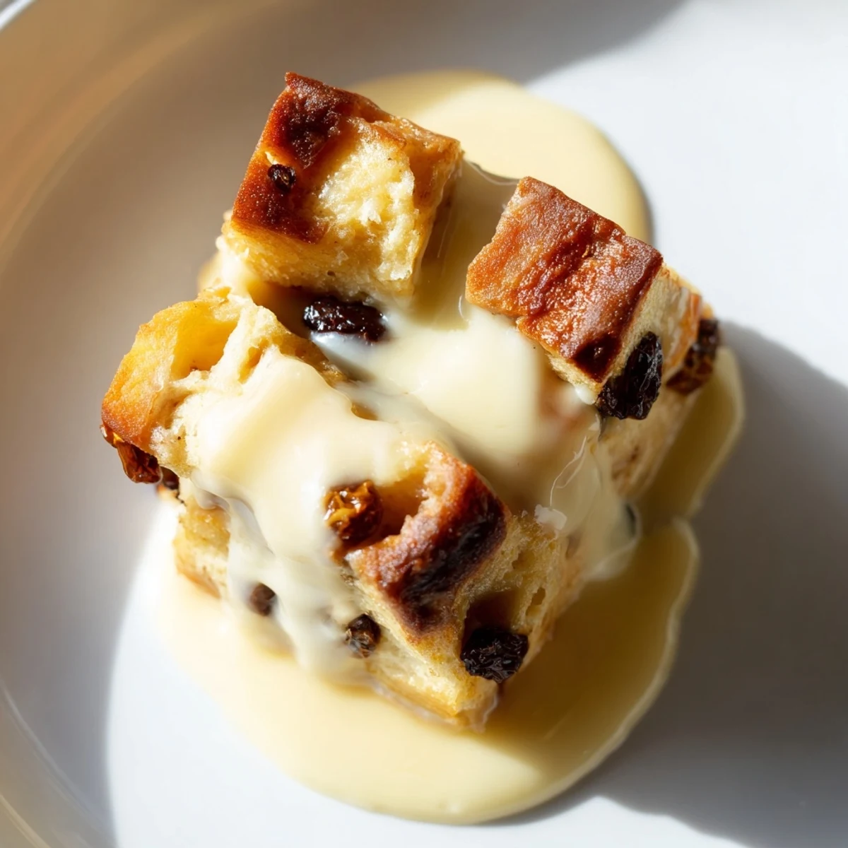 Freshly baked Bread Pudding with Warm Vanilla Sauce garnished with a sprinkle of cinnamon and a vanilla bean.
