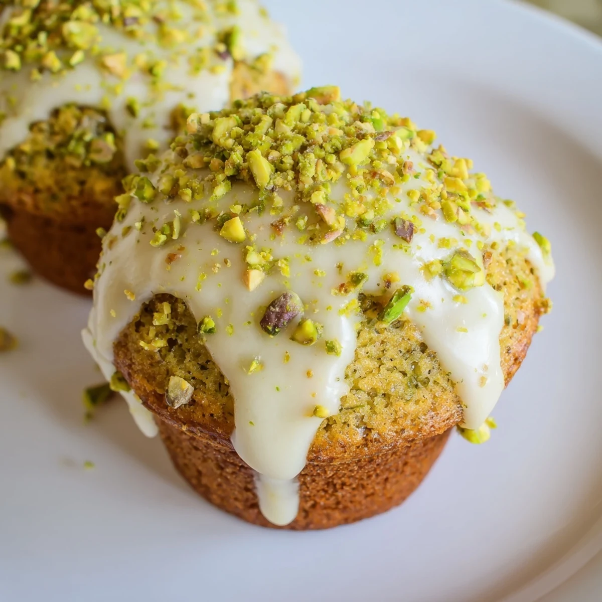 Golden-brown pistachio muffins with drizzled vanilla glaze, perfect for breakfast or dessert on a rustic wooden board.  