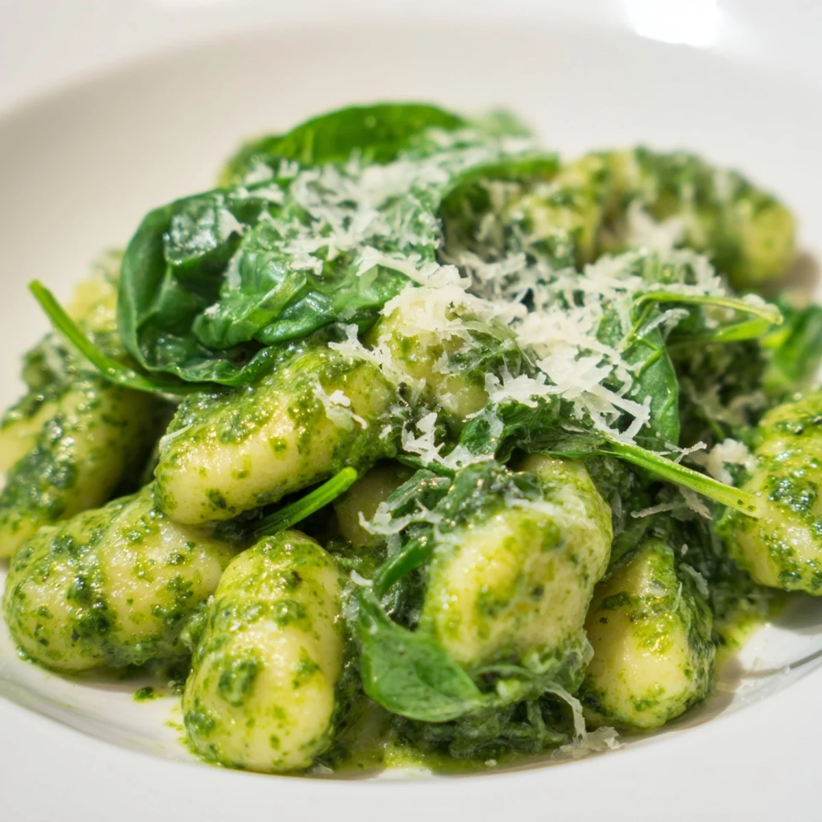 Golden-brown gnocchi coated in vibrant green pesto, mixed with wilted spinach and topped with shaved Parmesan on a white plate.
