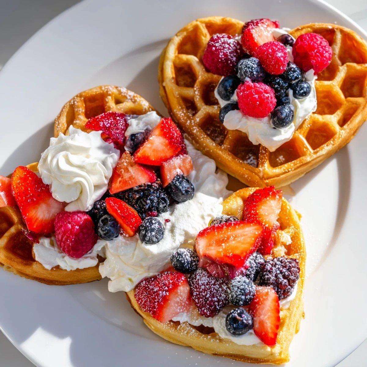 Golden-brown heart-shaped waffles topped with fresh berries and a dollop of whipped cream for a romantic breakfast.  