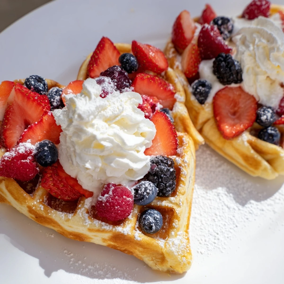 Freshly whipped cream and vibrant mixed berries crown these warm, heart-shaped waffles for an indulgent brunch.  