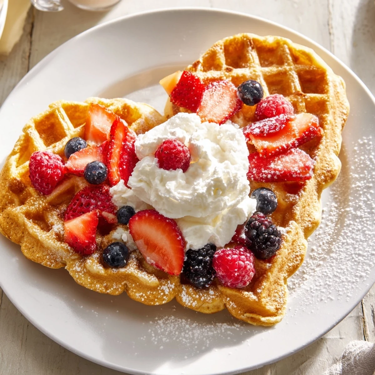 A close-up view of heart-shaped waffles, sweet berries, and powdered sugar, perfect for festive morning gatherings.