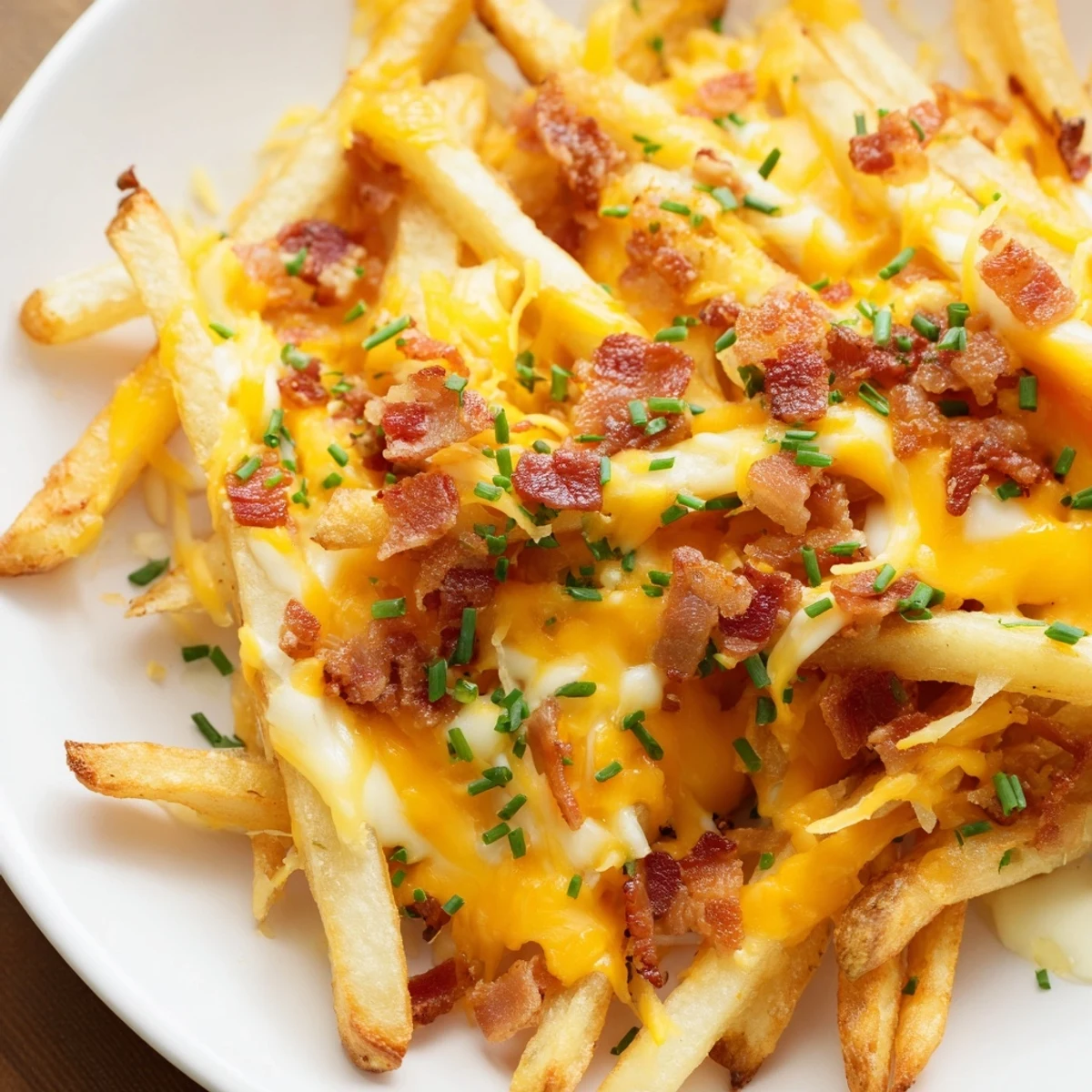 Crispy golden fries baked until perfectly crunchy, generously topped with melted cheddar and mozzarella cheese and savory turkey bacon bits, served hot and ready to enjoy as an irresistible snack.  