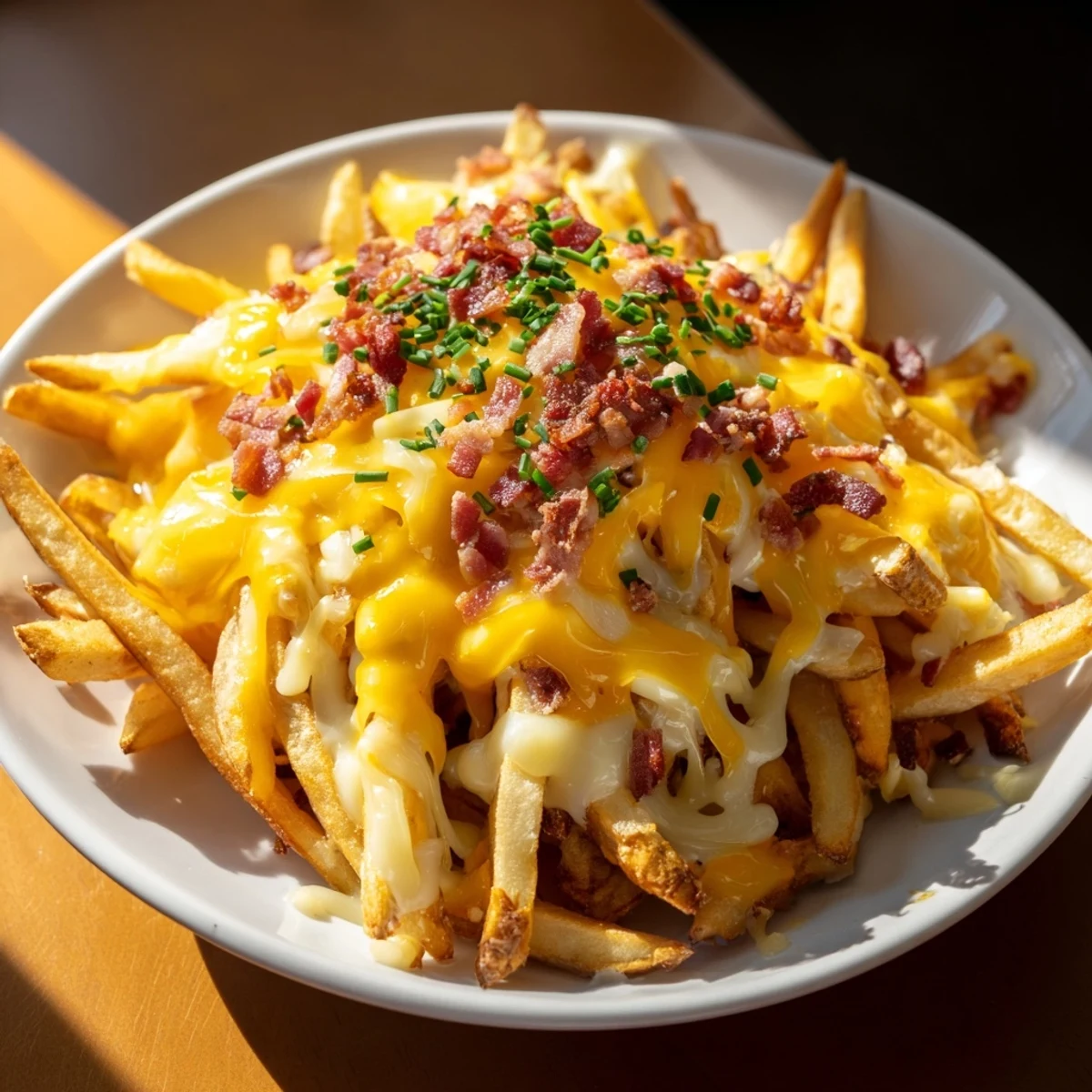 Warm, golden fries smothered in melted cheese and topped with crunchy turkey bacon bits, garnished with fresh chives and served alongside a small bowl of creamy sour cream dipping sauce.