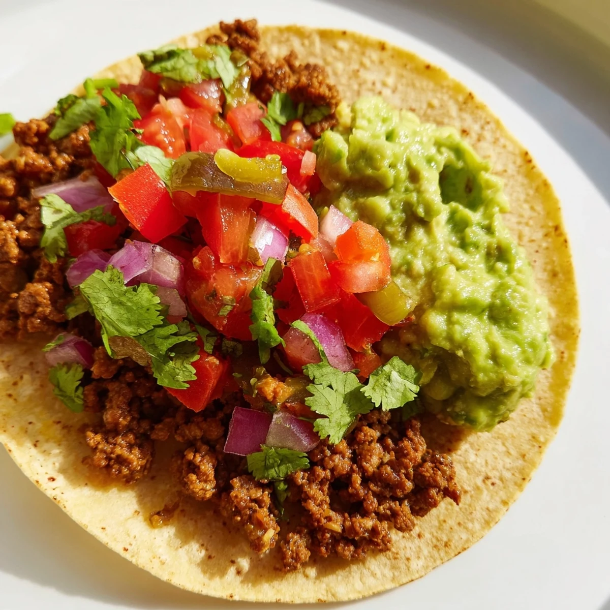 Golden mini tacos topped with creamy guacamole and fresh pico de gallo, served on a rustic wooden table.