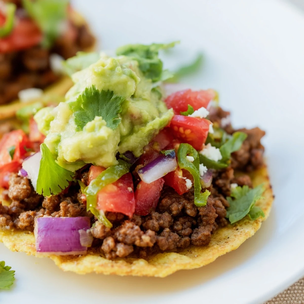 Warm mini corn tortillas filled with seasoned ground beef, vibrant salsa, and a dollop of chunky guacamole.