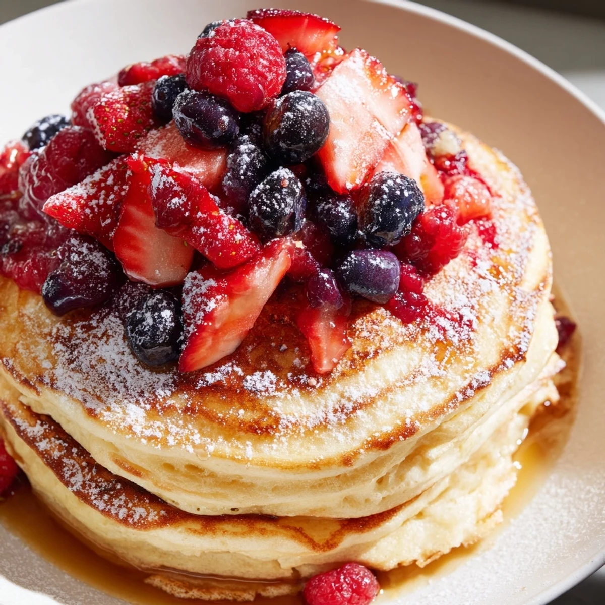 Fluffy lemon ricotta pancakes stacked high, topped with vibrant mixed berries and a light dusting of powdered sugar.
