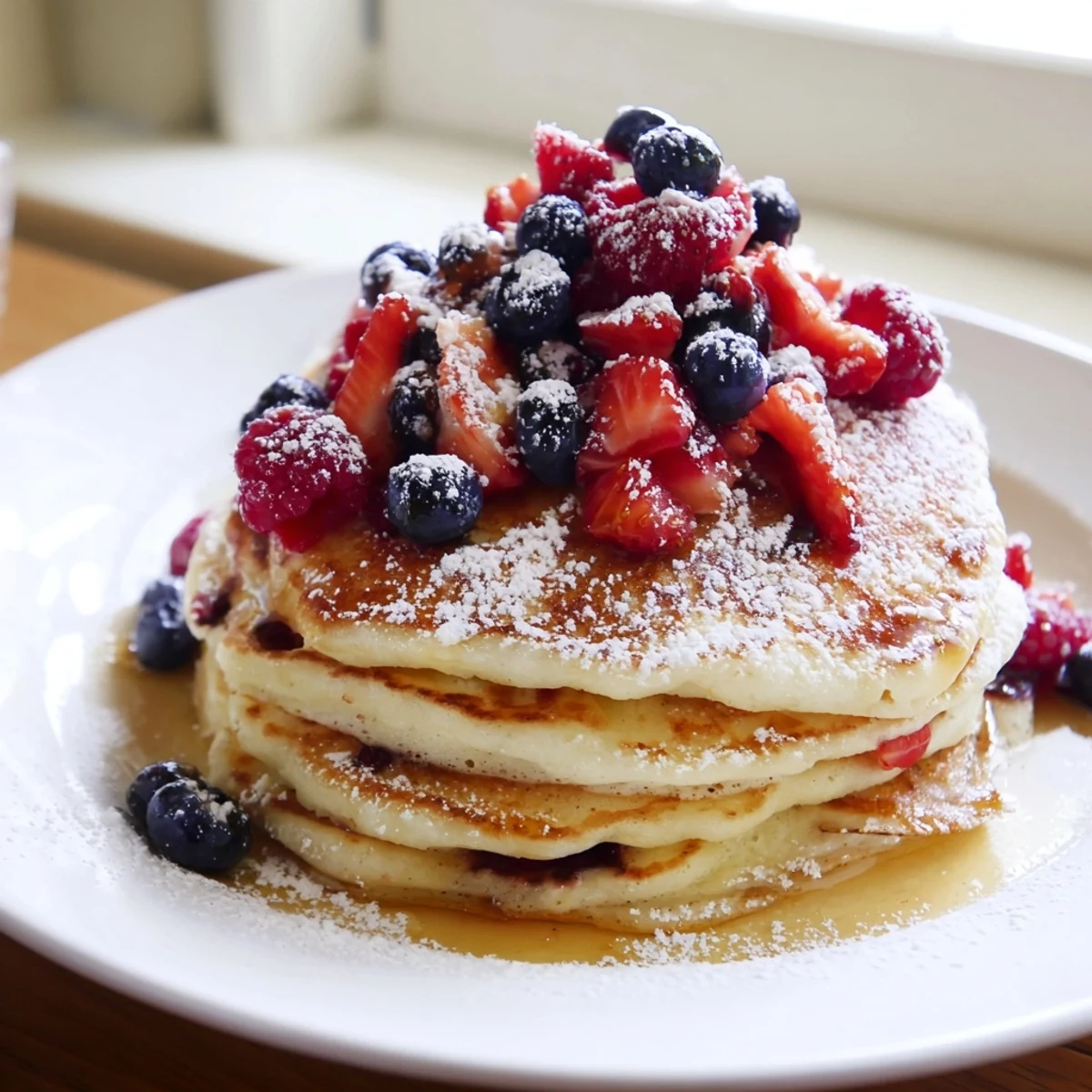 Warm, tangy lemon ricotta pancakes drizzled with maple syrup and crowned with a juicy, colorful medley of berries.