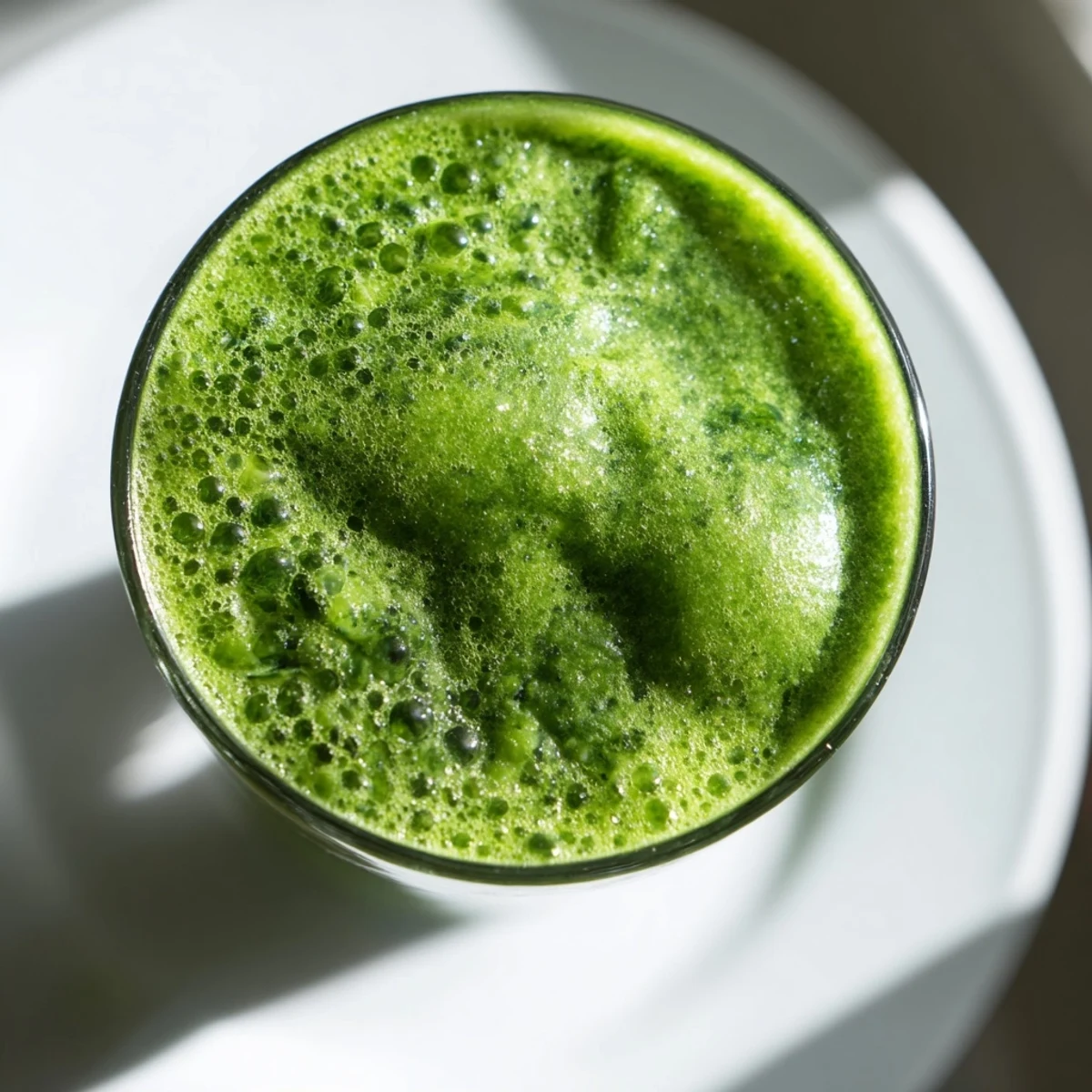 Vibrant green detox smoothie with ginger topped with chia seeds in a clear glass.