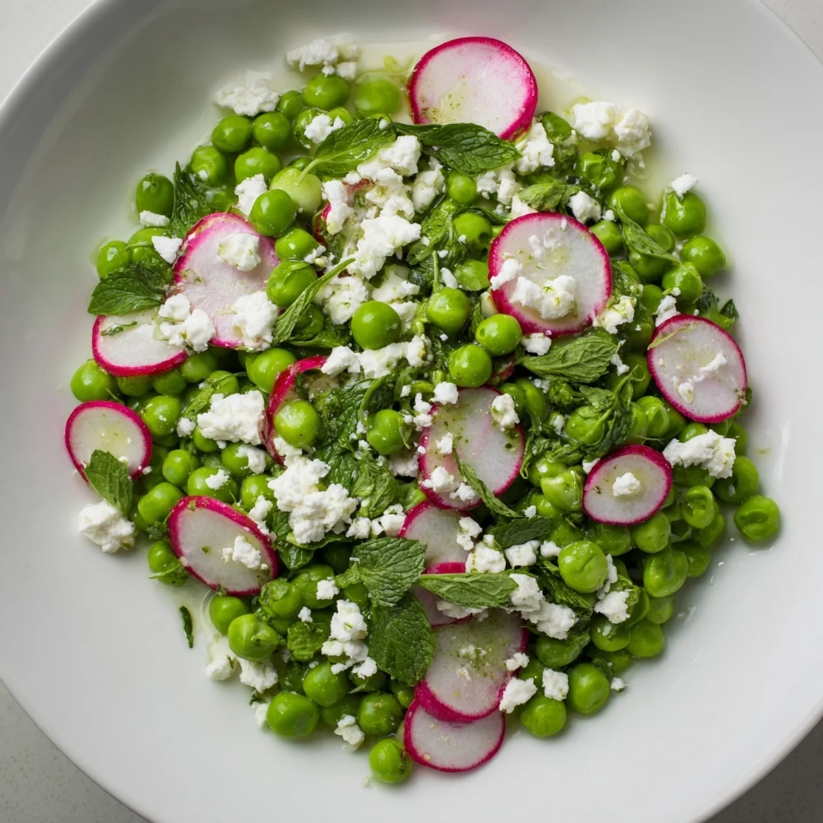 Fresh Spring Pea Salad with Radishes and Feta on a wooden table, featuring bright green peas and pink radish slices over arugula.  