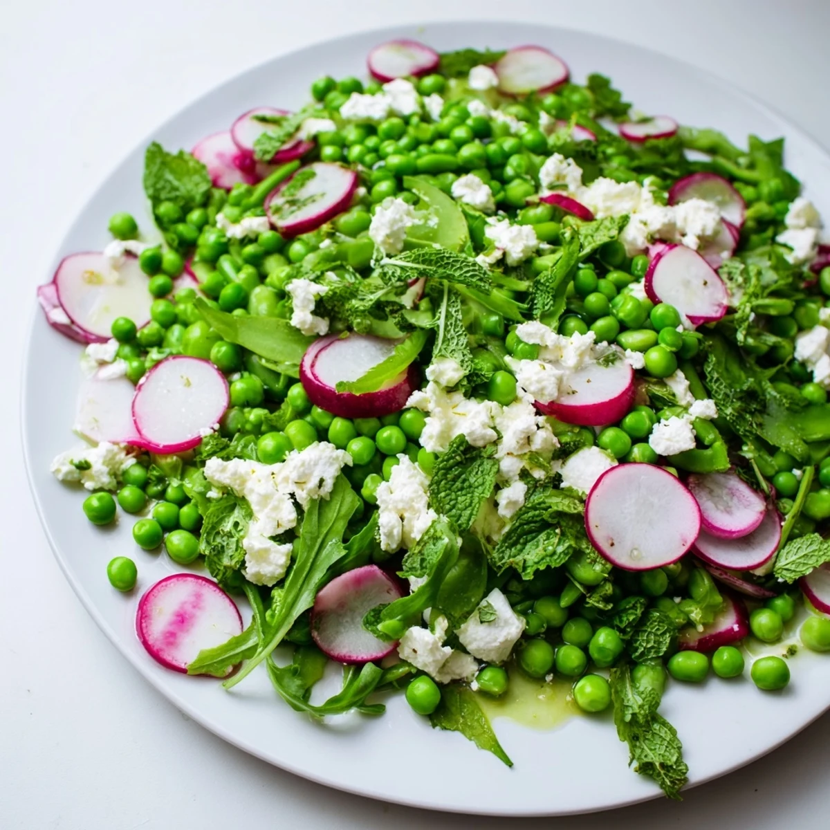 Spring Pea Salad with Radishes and Feta served in a white bowl, drizzled with lemony dressing and topped with creamy crumbled feta.  