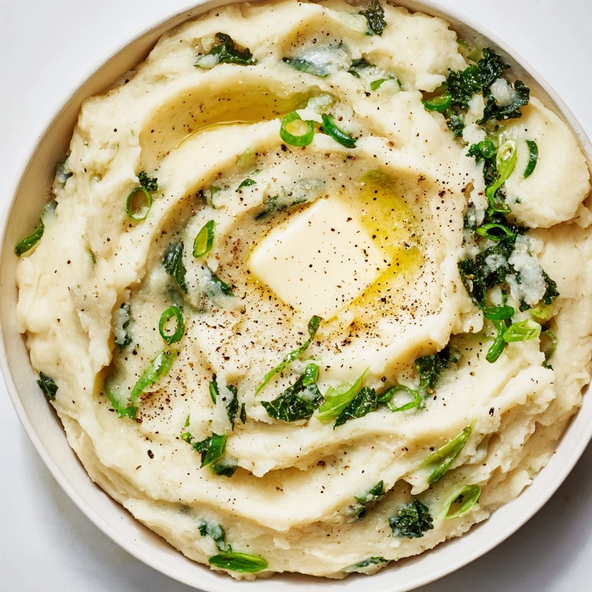 Creamy Irish Colcannon with kale and butter served warm in a rustic bowl, featuring fluffy mashed potatoes with vibrant green kale.  