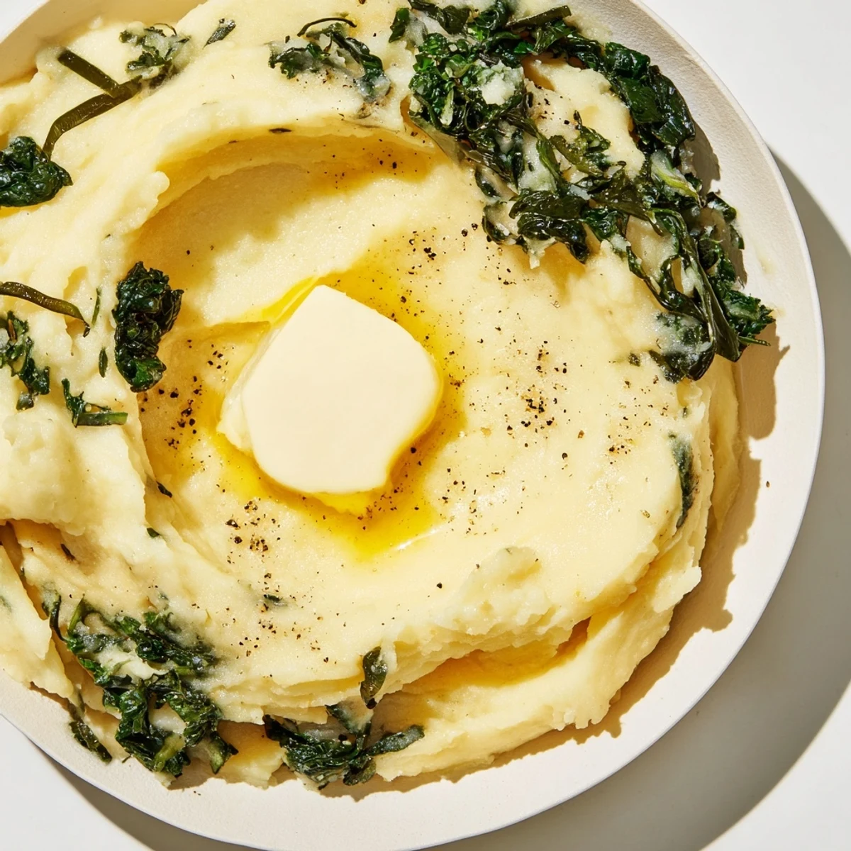 Irish Colcannon with kale and butter garnished with extra melting butter and sliced scallions, perfect for a St. Patrick’s Day side dish.  
