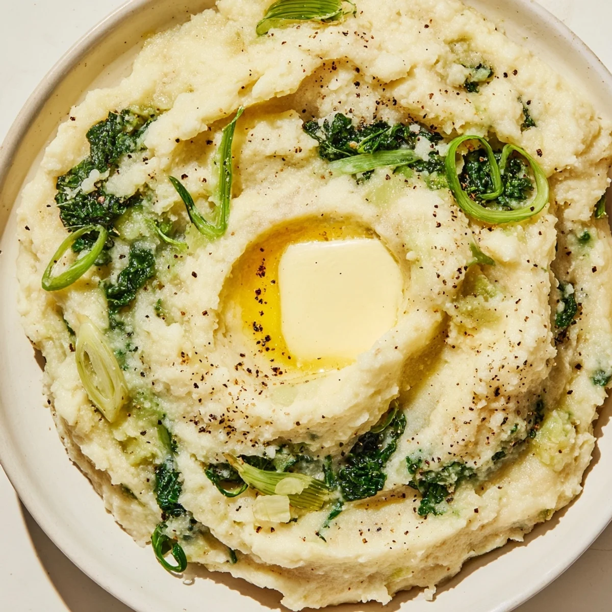 A comforting Irish Colcannon with kale and butter, featuring tender greens folded into velvety mashed potatoes for a rustic, vegetarian side.