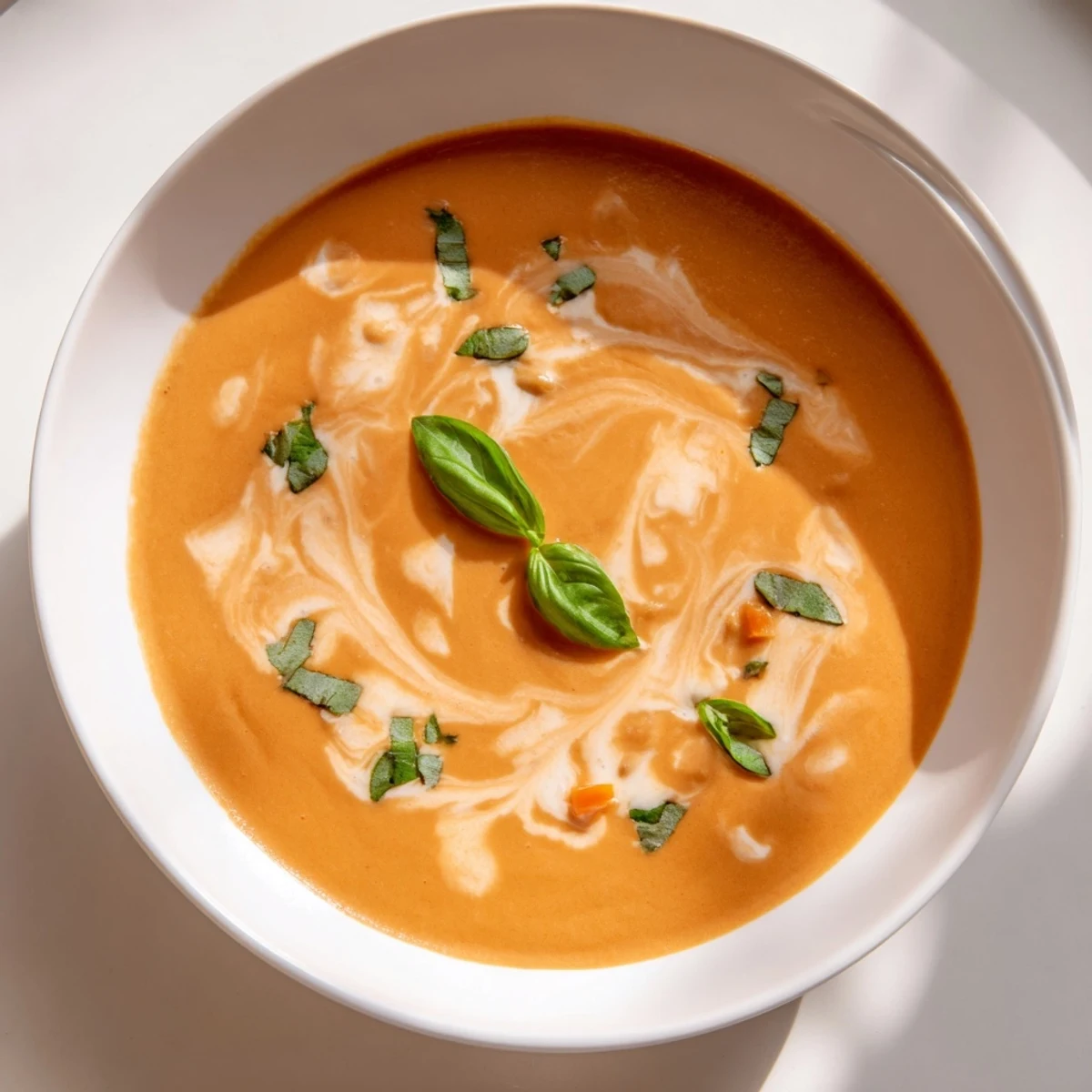 A bowl of creamy tomato basil bisque with a swirl of cream and fresh basil garnish, served hot.  
